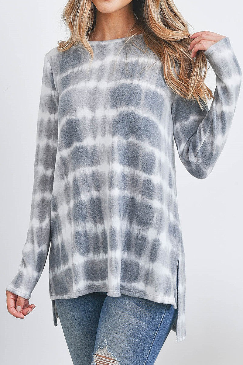 Long seeve tie dye hi lo slit hem tunic blouse top (EF2277)