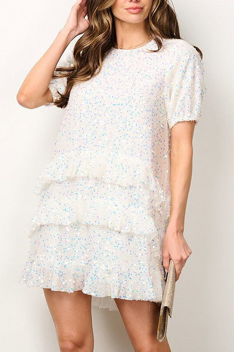 Short puff sleeve ruffle sequins mini dress (EFWT6875)