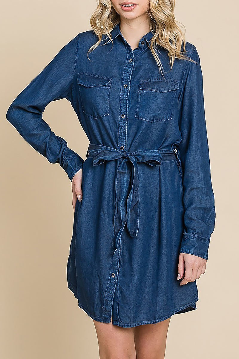 Chambray button-down collared dress with waist tie (EDH1633)