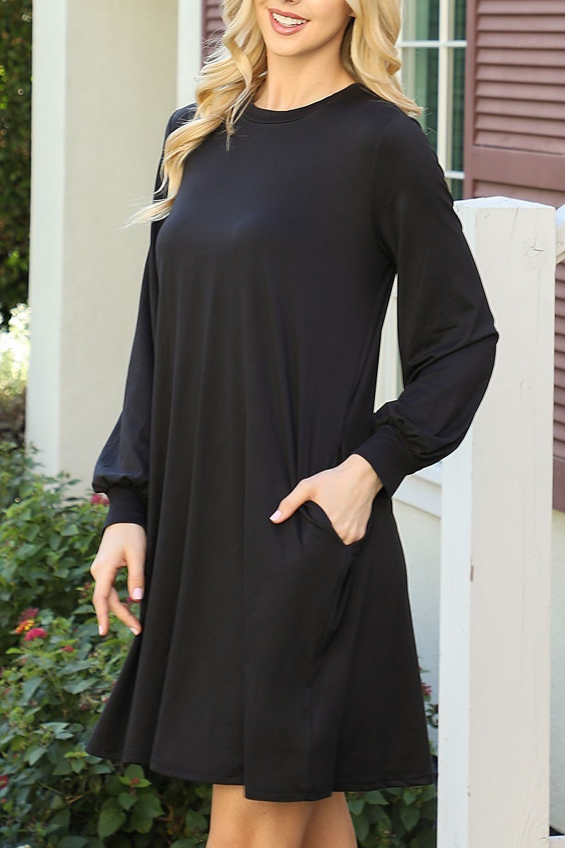 Solid round neckline long sleeve dress (DED9801-2)