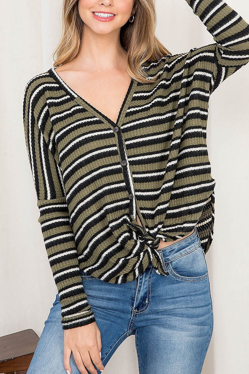 V neck button front waist tie multi stripe loose fit top (EF2550)