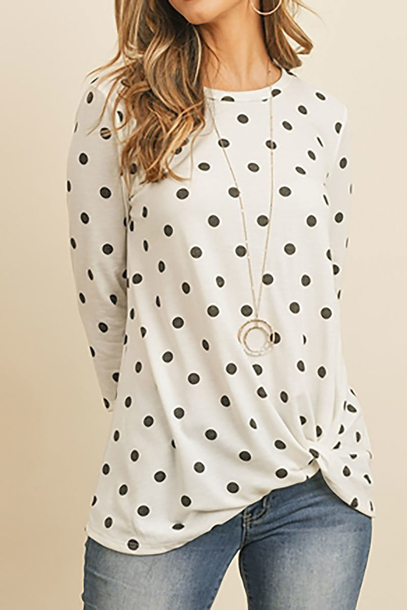 Round neck twist hem polka dot print top (ED7982-LAST)