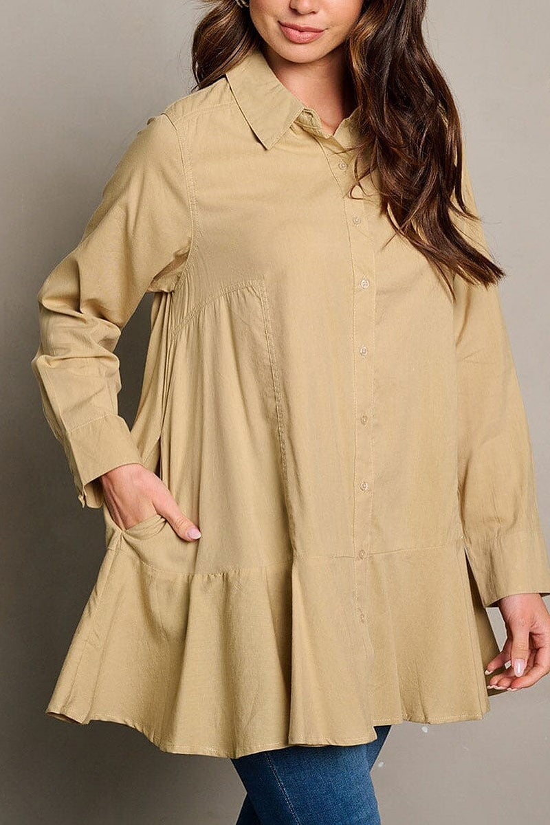 Long sleeve pockets button up tunic blouse top (EGWT2048)