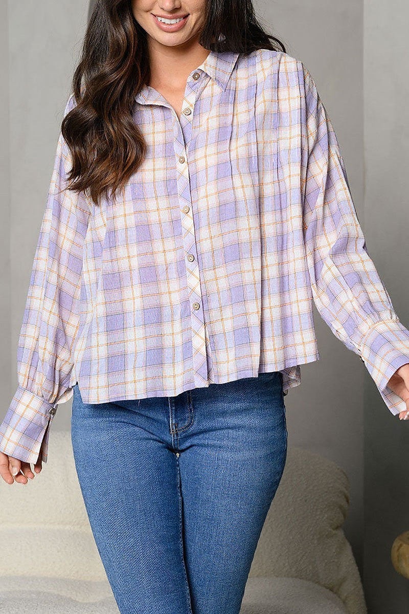 Plaid collar button down pocket long sleeve top (EDWT6711)