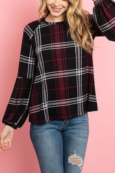 Round neck bubble sleeve plaid top (ED7984-1)