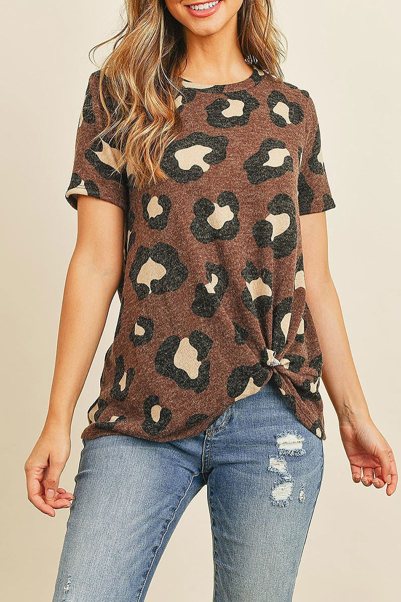 Leopard print short sleeves knot top (ED8540)