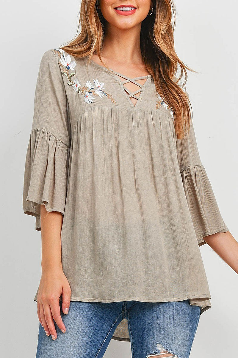 Floral embroidered crisscross neck tunic top (EF6262)