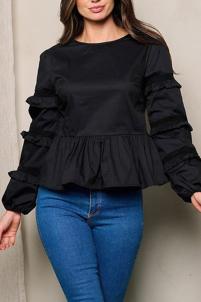 Long ruffle sleeve peplum blouse top (EFWT4482)