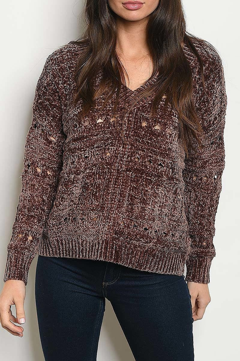 Open detail v neck chenille sweater (DGS4226-1)