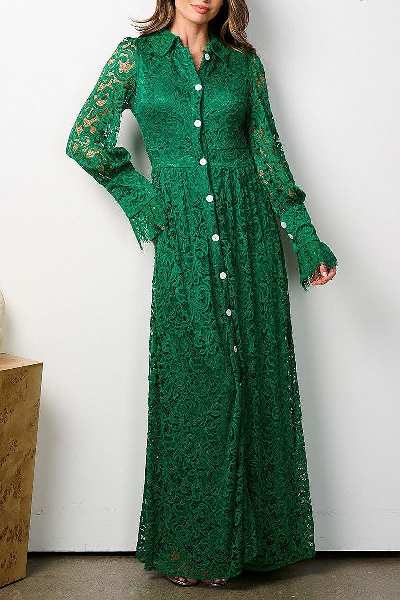 Long sleeve button up all over lace maxi dress (EFWT7817)