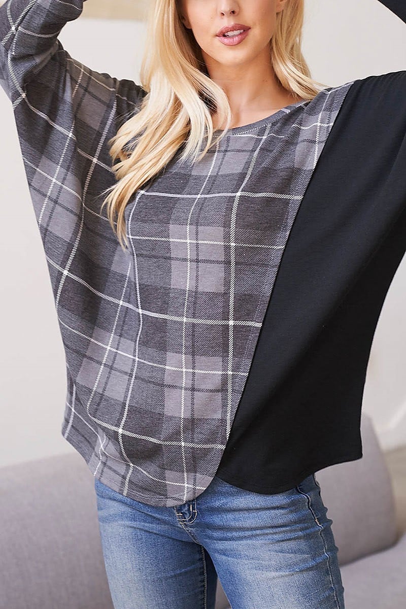 Dolman sleeve vertical detail plaid top (EF2394)