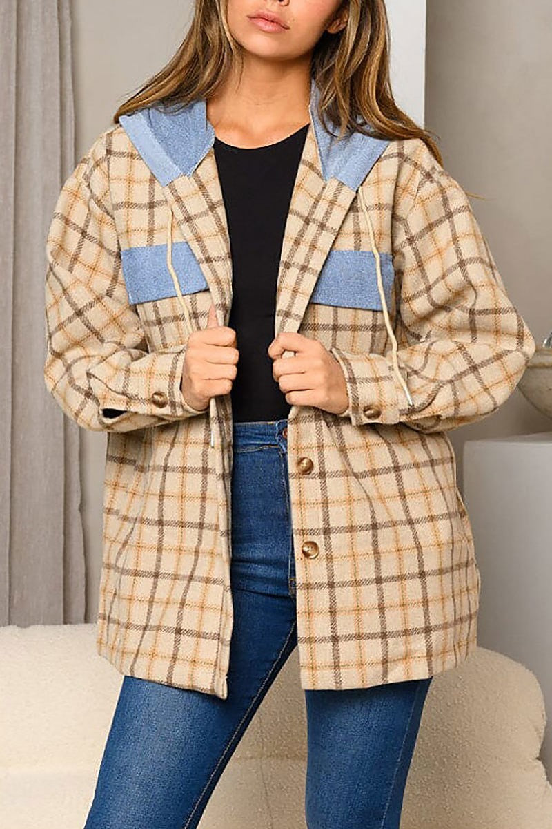 Long sleeve plaid denim hooded jacket (EDWT8354)