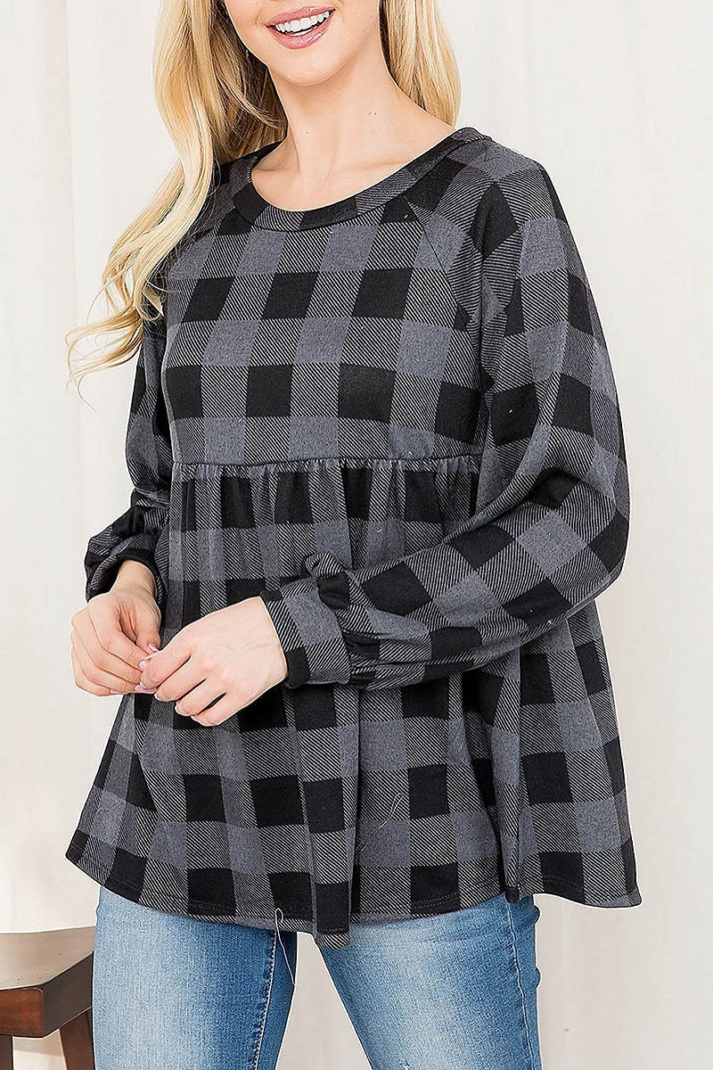 Puff sleeve plaid shirring top (EF2896)