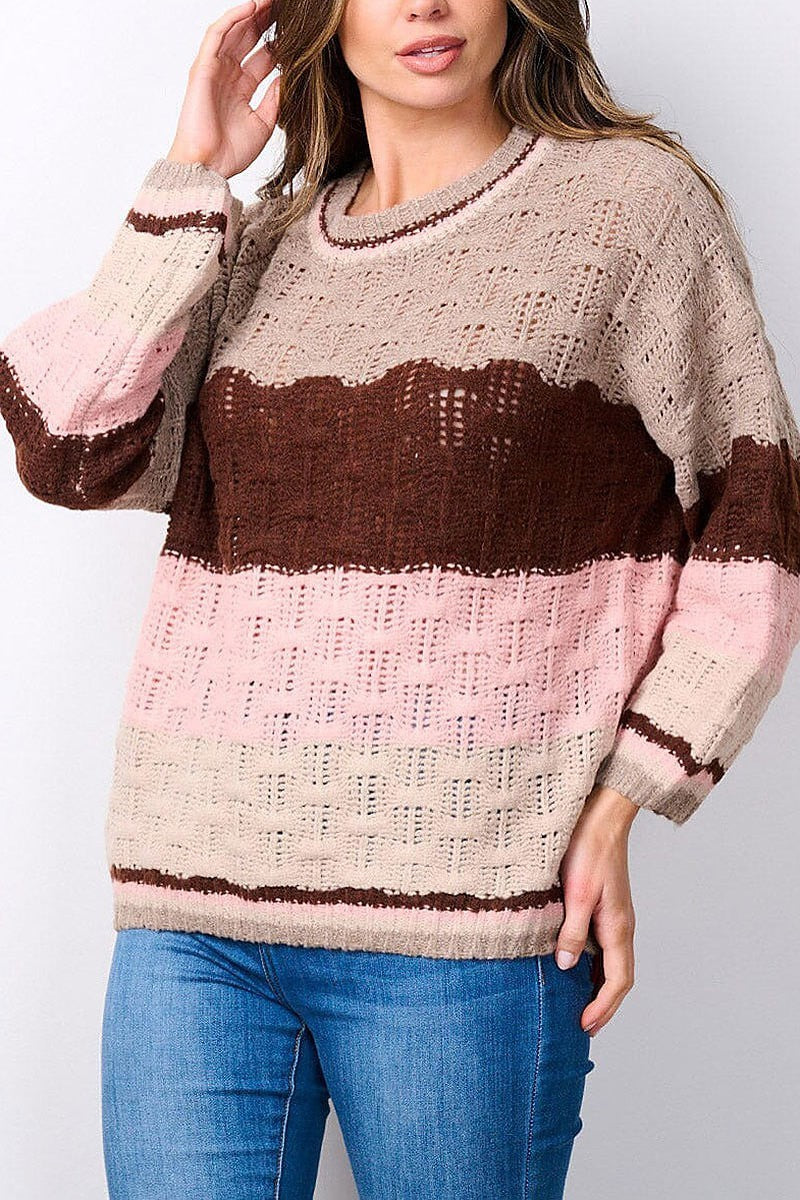 Long sleeve colorblock knit sweater (EFWT7495)