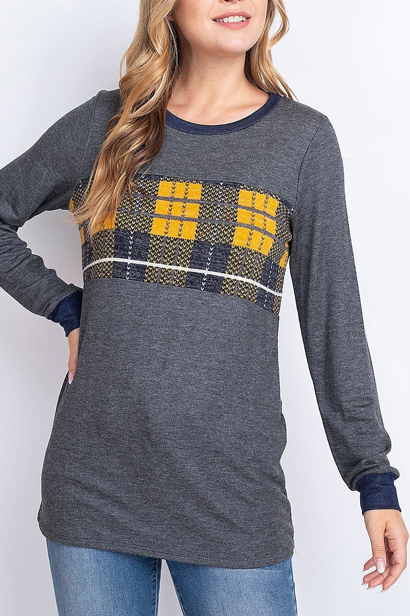 Plaid contrast color block round neck top (EF1930)