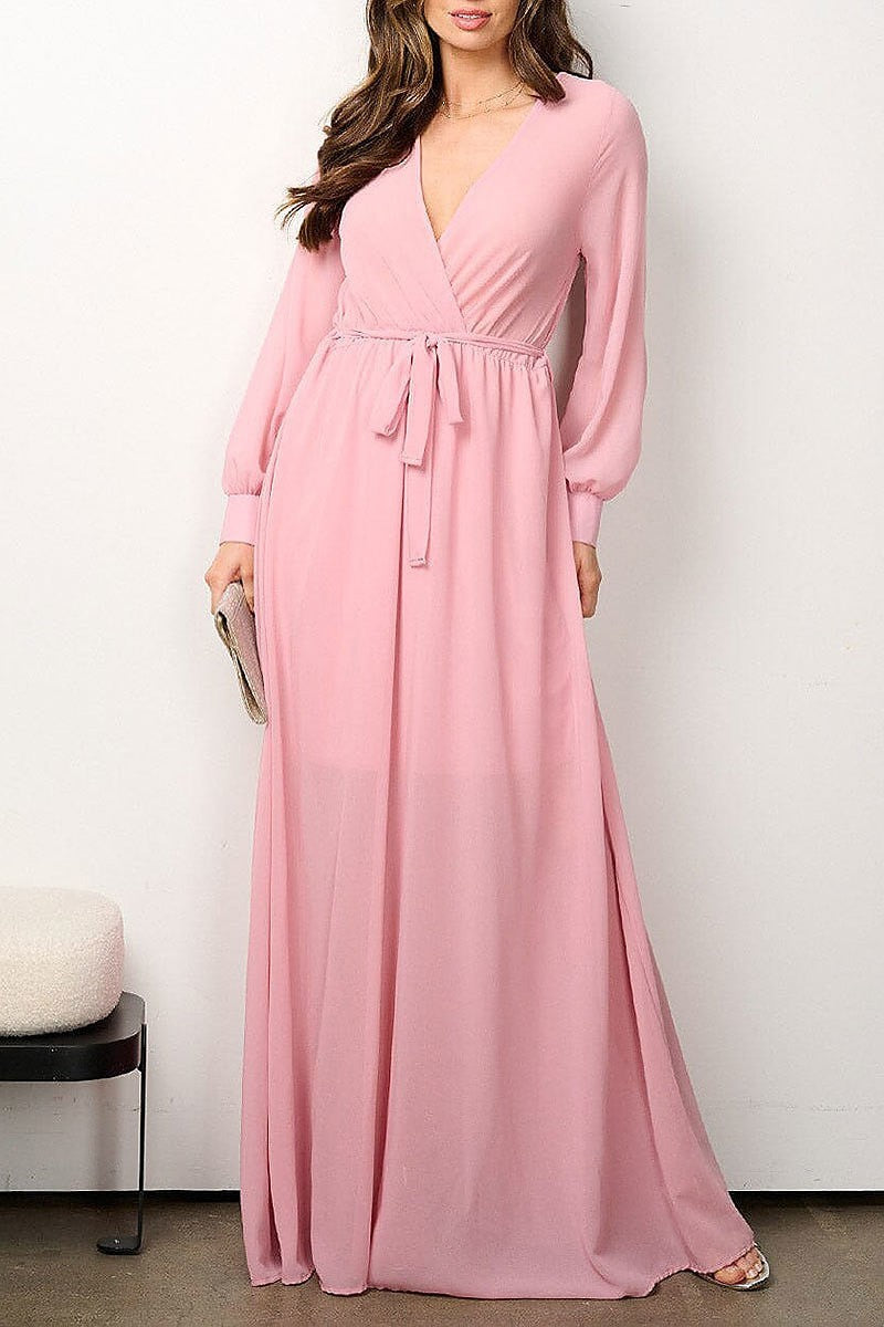 Long sleeve elastic waist surplice mesh maxi dress (EFWT6916)