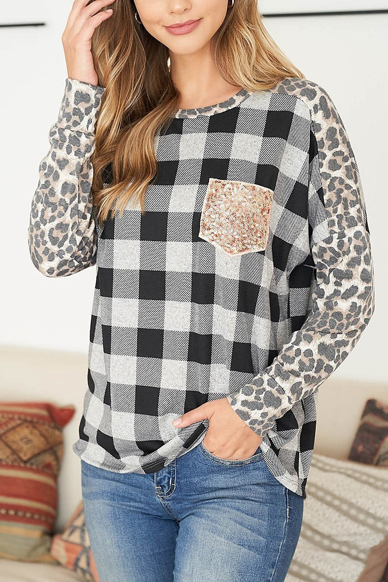 Leopard long sleeve plaid top with sequin pocket (EF2396)