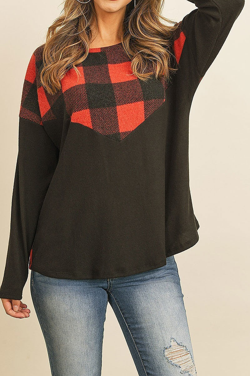 Plaid contrast brushed top (ED8183-LAST)