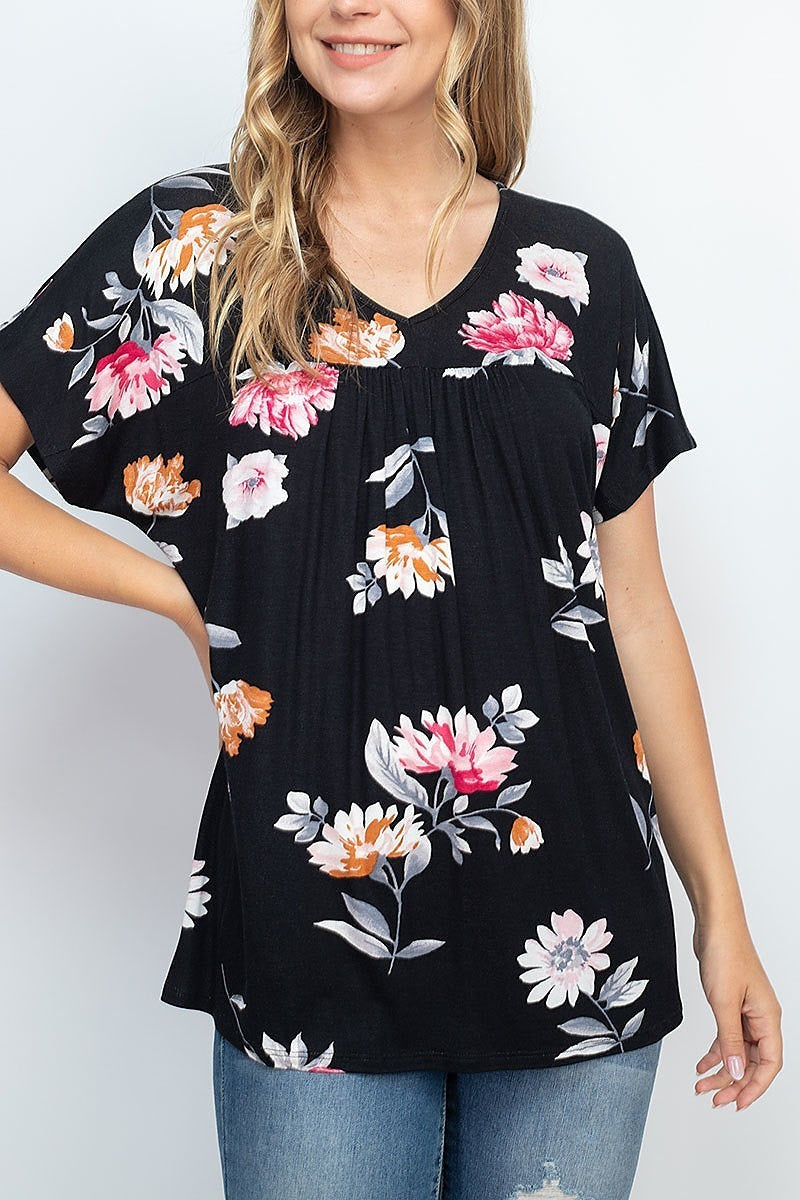 Short sleeve floral print pleated top (EF2162)