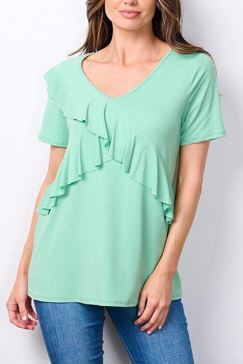 Short sleeve v-neck ruffle detailed top (EFWT7525)