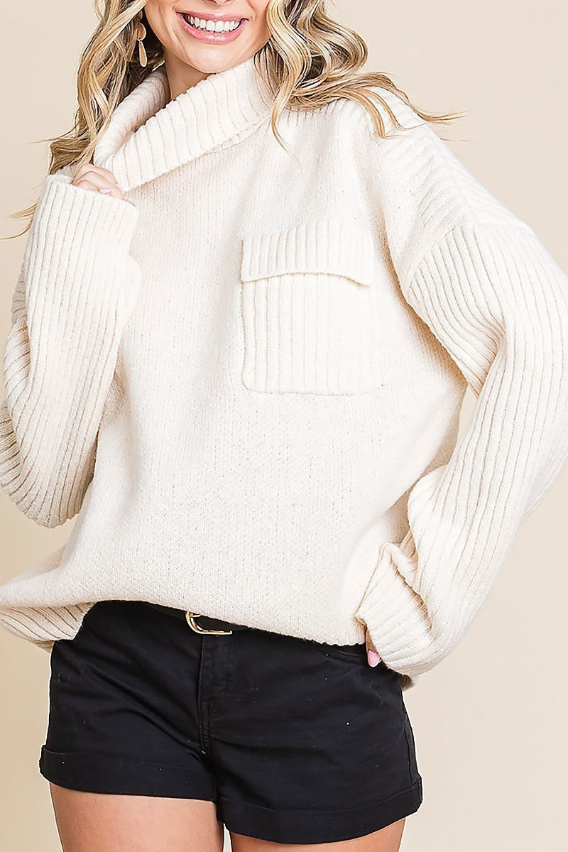 Oversized ribbed knit sweater w/ chest pocket (EDH1929-2)