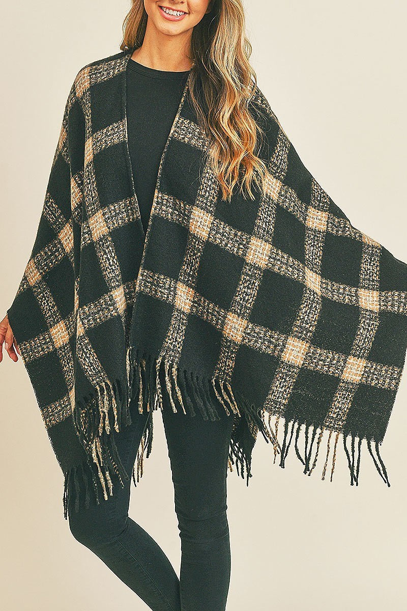 Fringe detail plaid pattern ruana kimono (DGS5732)