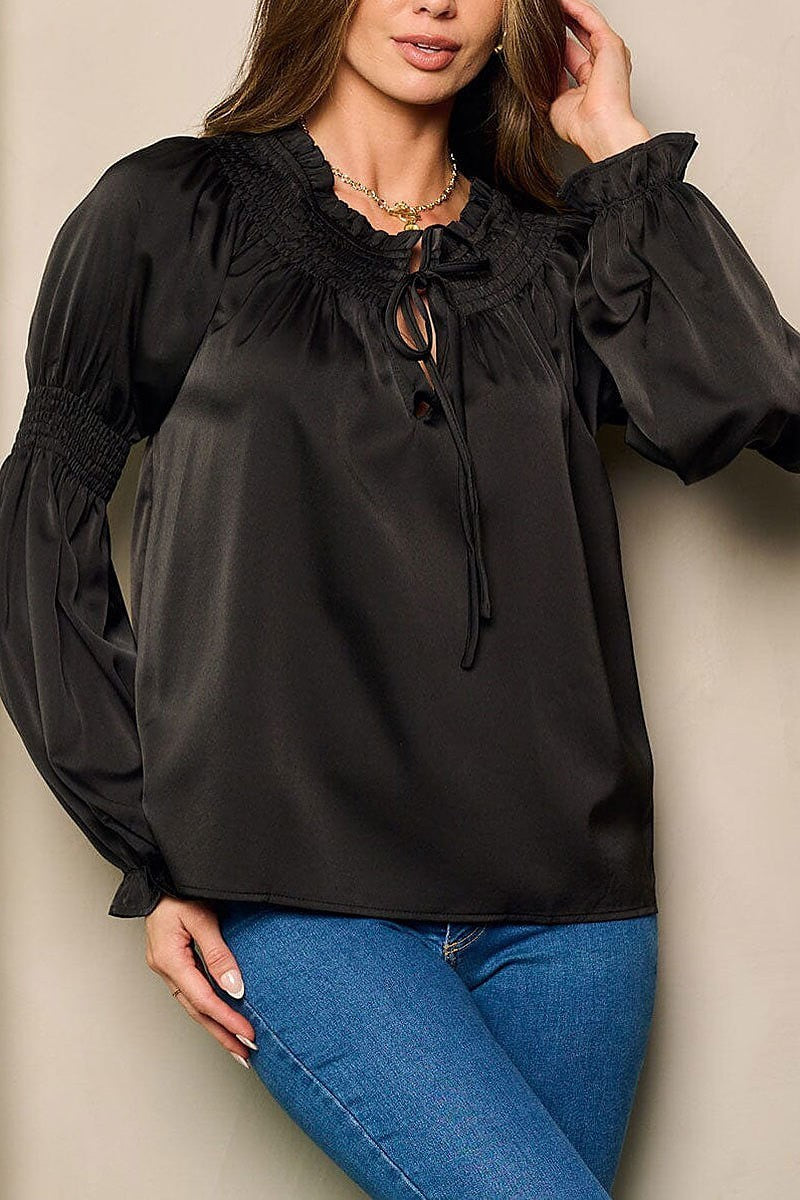 Long smock sleeve neck tie blouse top (EFWT4490)