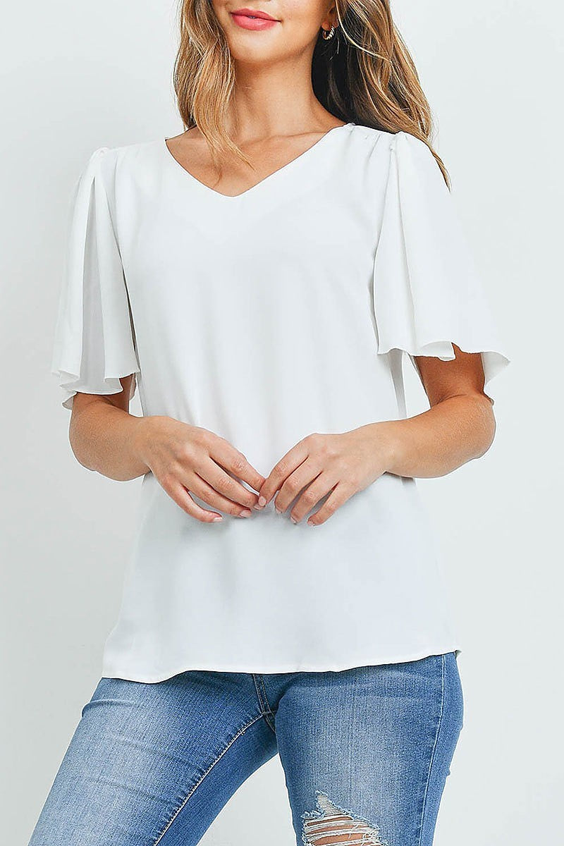 Waterfall sleeve v neck round hem top (ED9956)