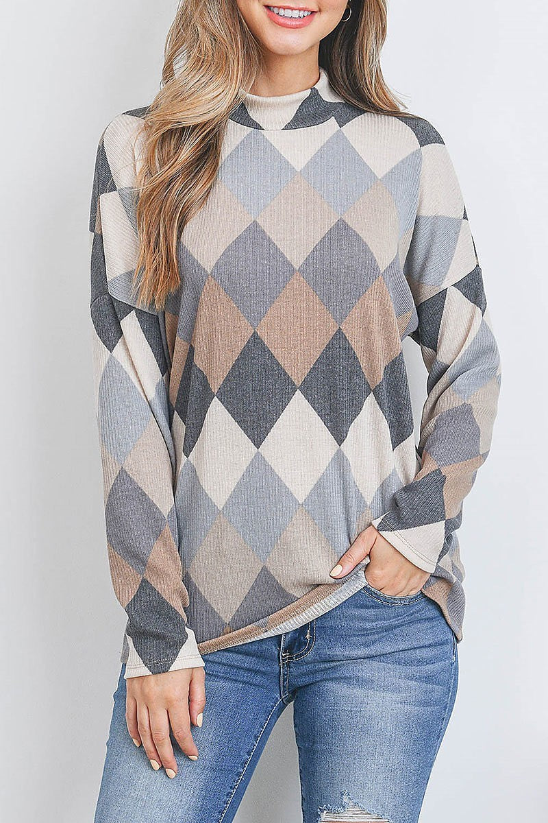 Mock neck long sleeve checkerboard top (EF2697)