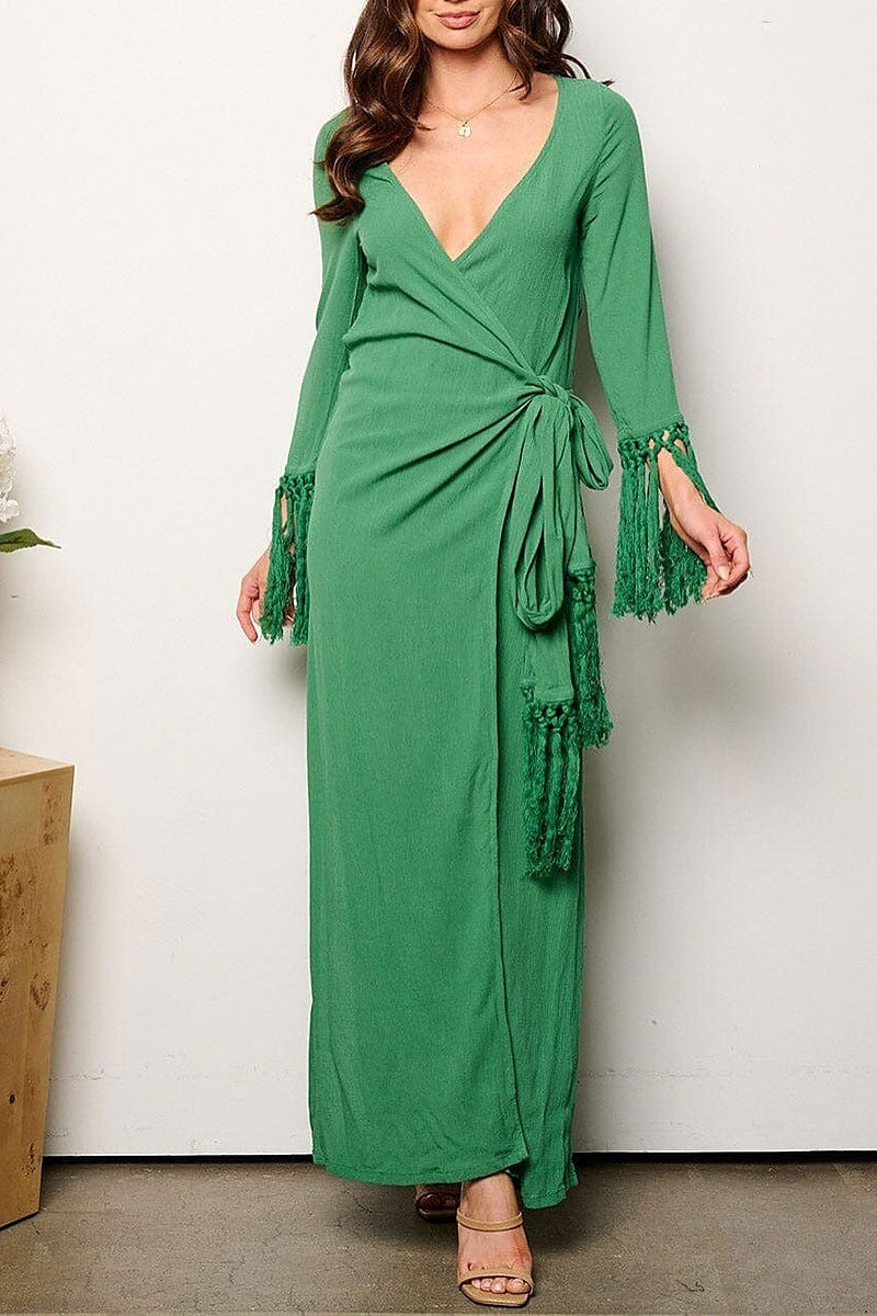 Long tassel sleeve v-neck wrap maxi dress (EGWT1030)