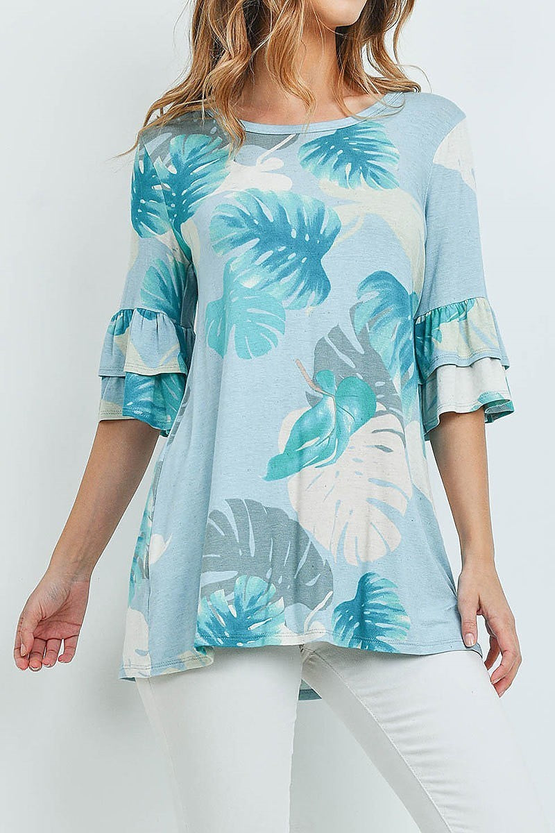 Bell sleeve leaves print tunic blouse top (ED8880-2)