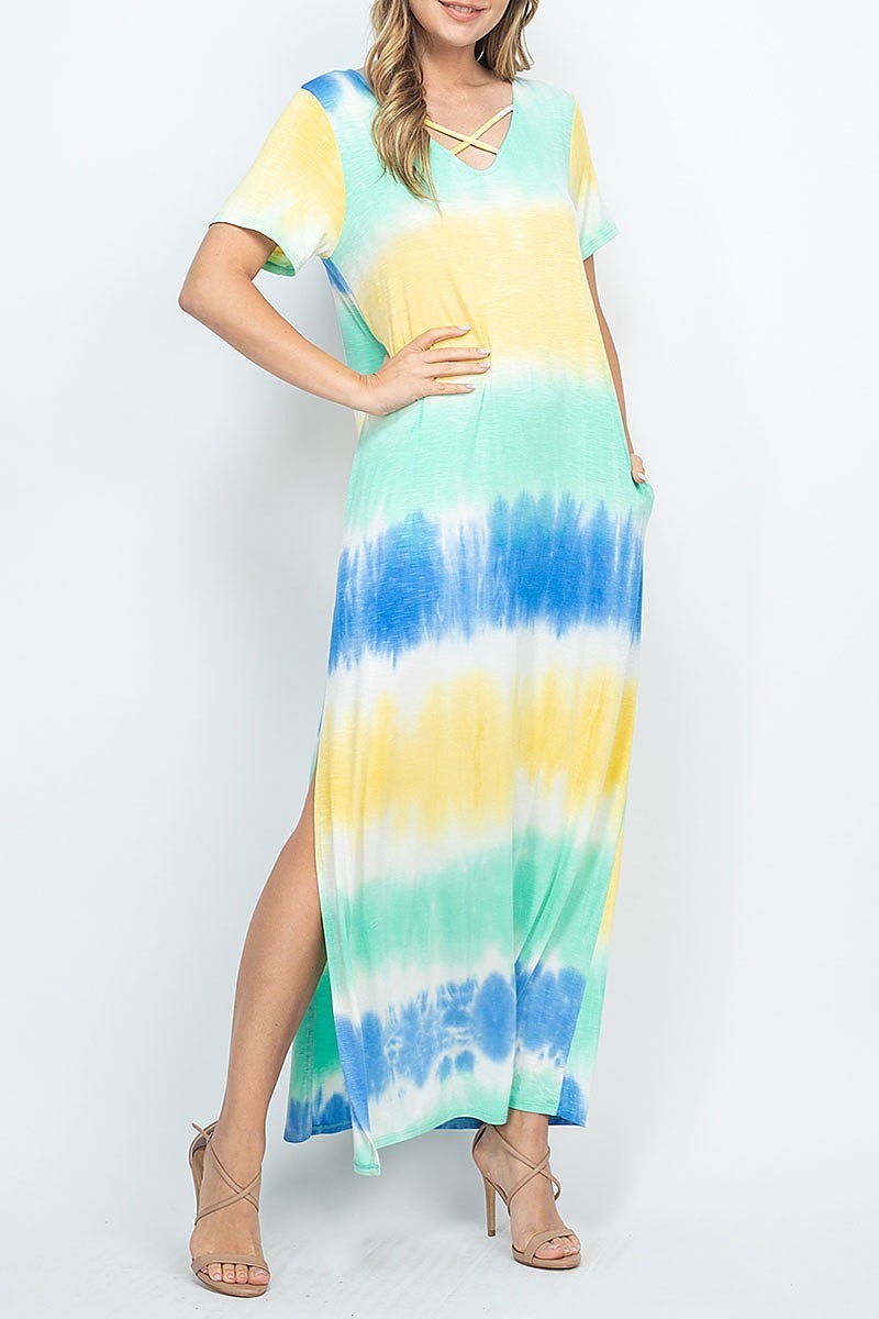 Tie dye crisscross neck maxi pocket dress (DED6709)