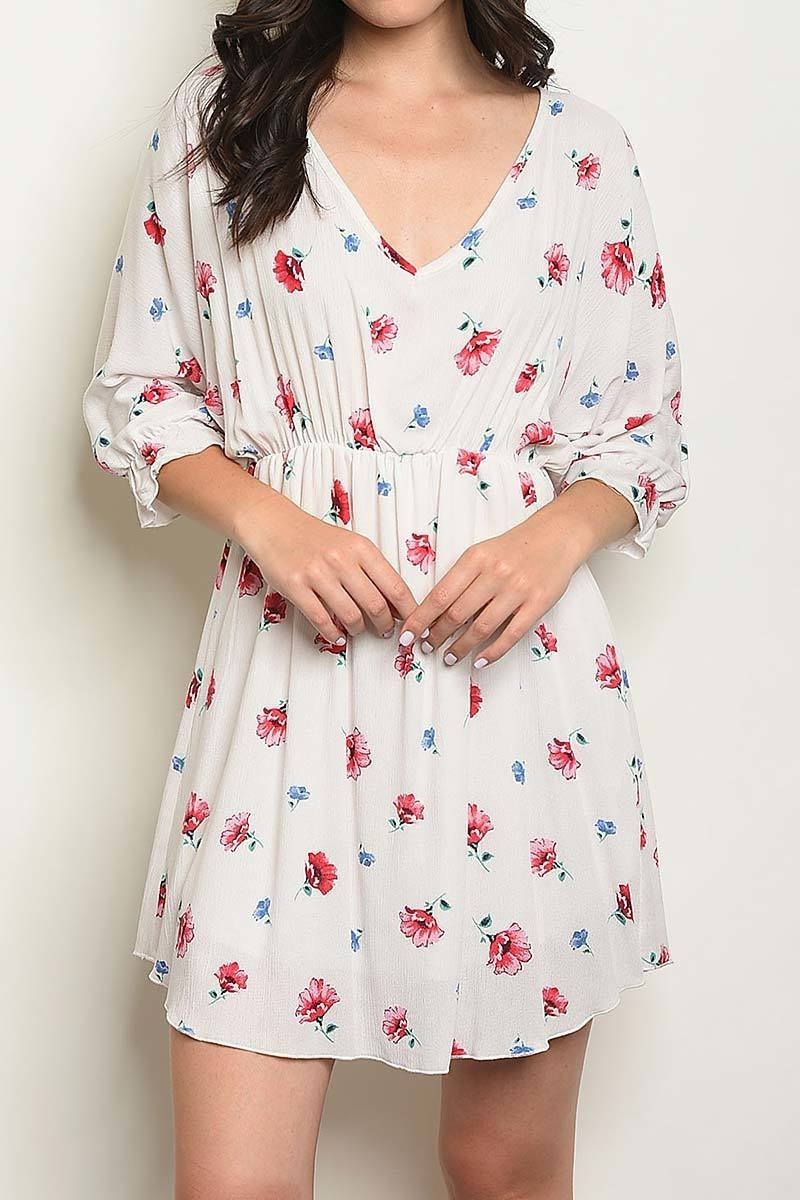 V neck floral print elastic waist dress (DED1499-LAST)