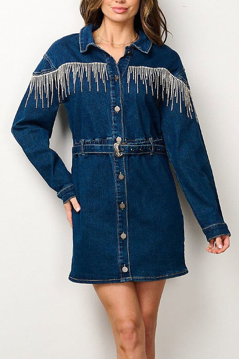 Button up tassel studs detailed denim mini dress (EFWT6873)