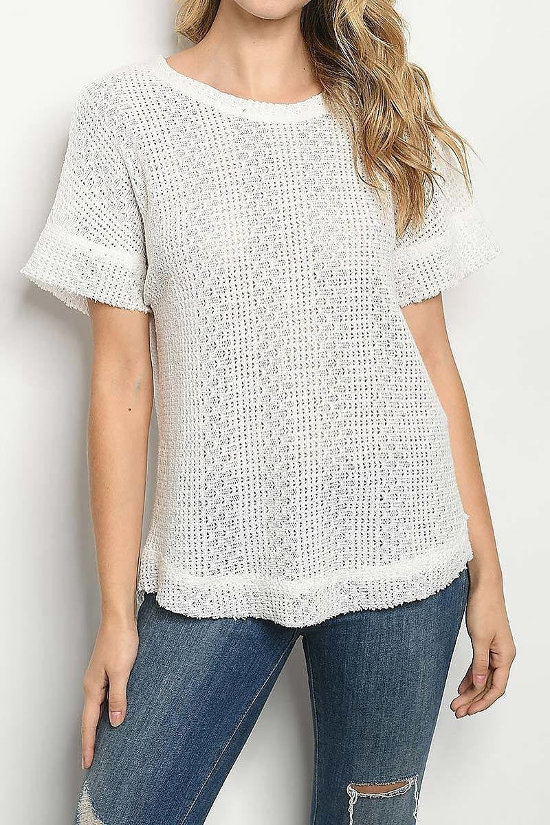 Textured crochet bell sleeve raw hem top (ED6385)