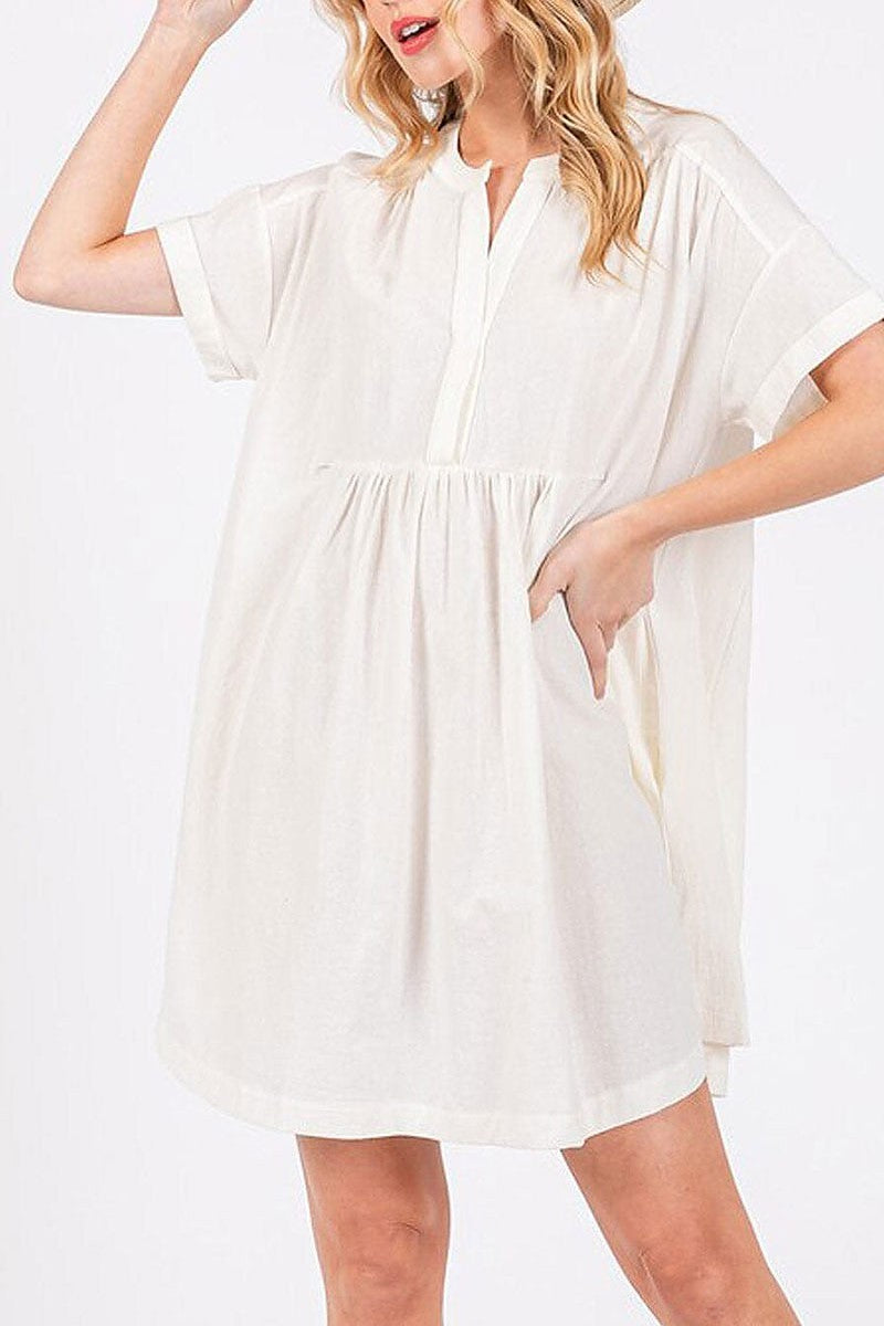 Short sleeve button up pockets tunic mini dress (EGWT1716)