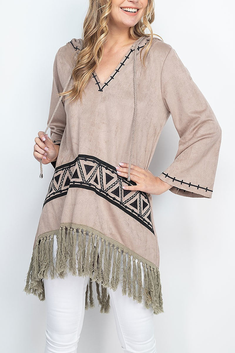 Embroidery and fringe detail suede hoodie top (EF1311)