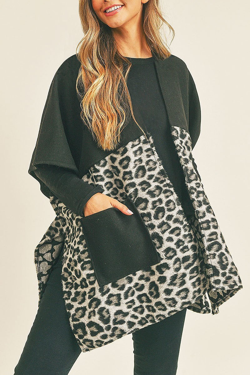 Leopard pocket detail color block kimono (DGS5737)