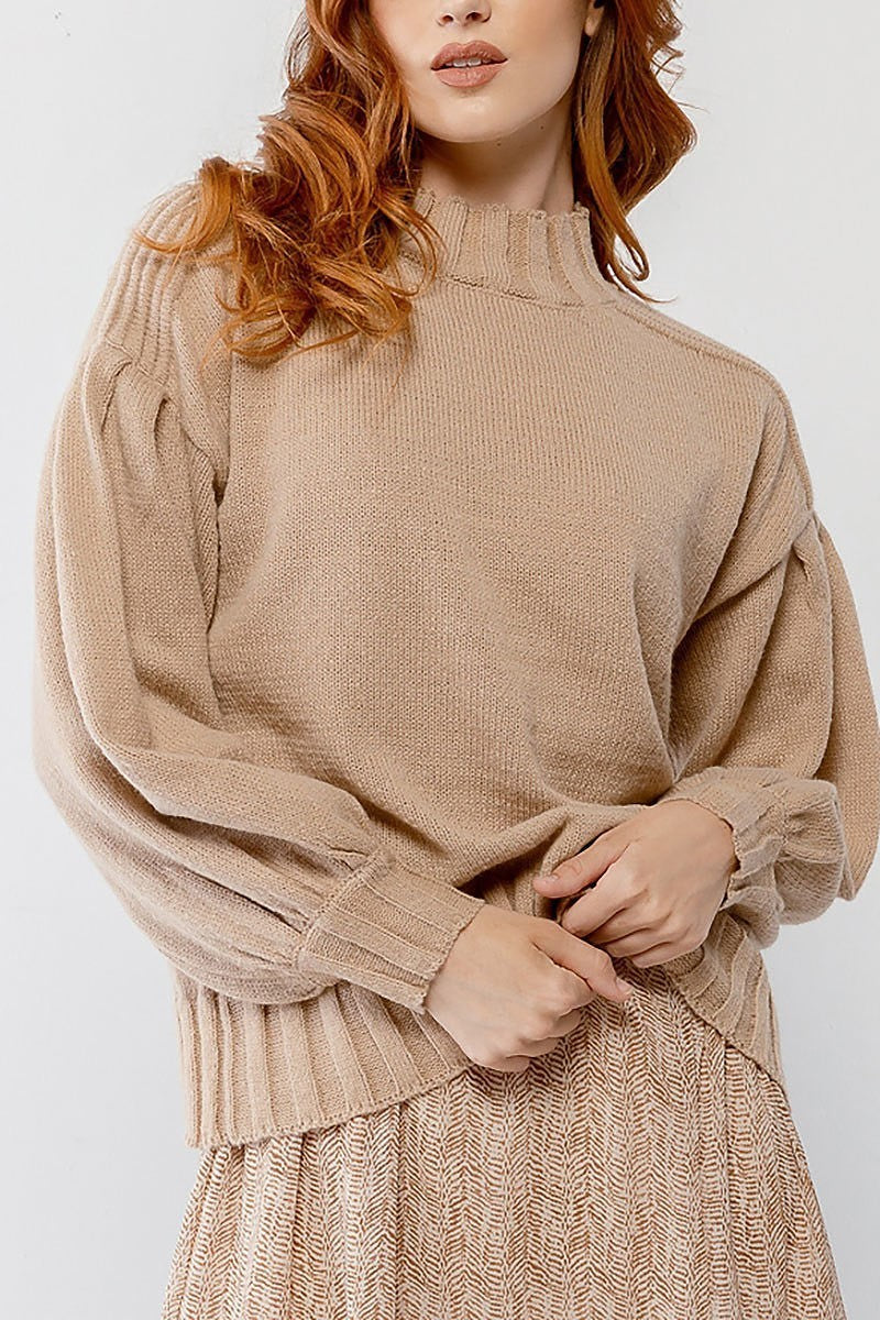 Bubble sleeve ribbed knit detail sweater (TDG9928)