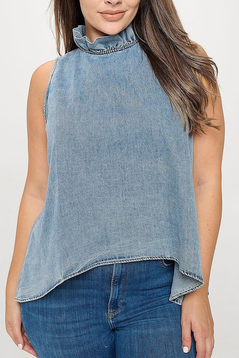 Plus size sleeveless ruffle neck denim top (XDG8260)