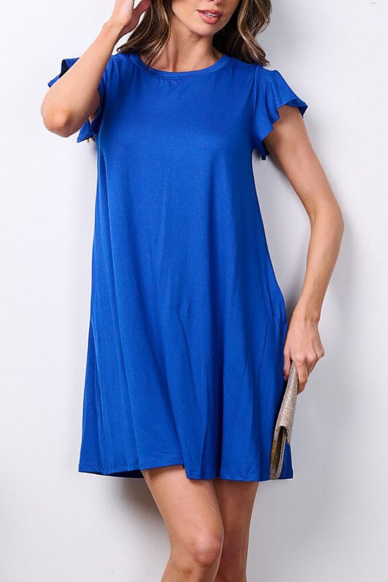 Short ruffle sleeve pockets tunic mini dress (EFWT7580)