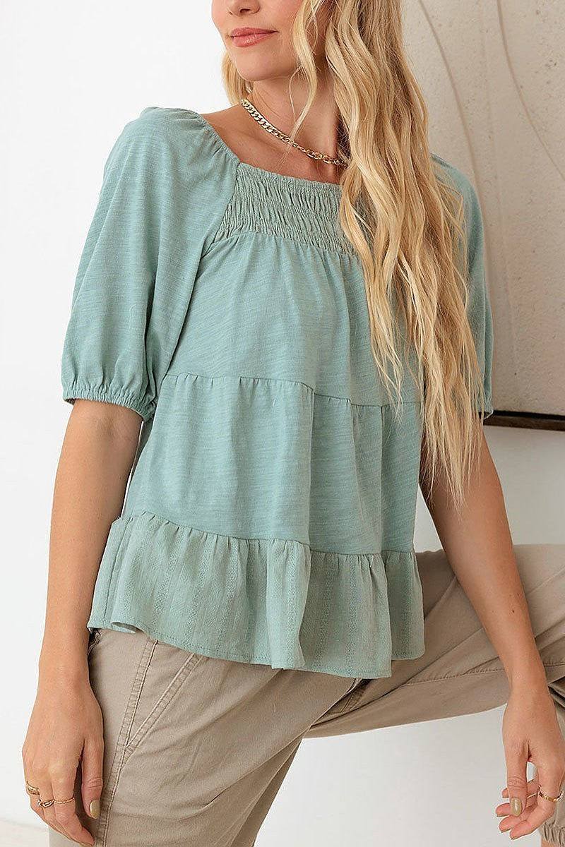 Smoked detail puff sleeve tiered layered top (TED2736)