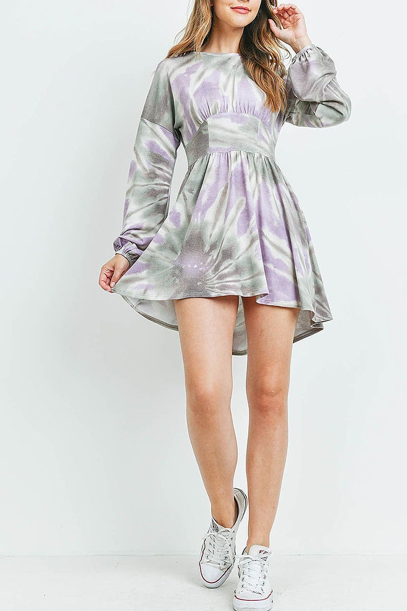 Wide waist tie band bubble sleeve tie dye dress (DED6192)