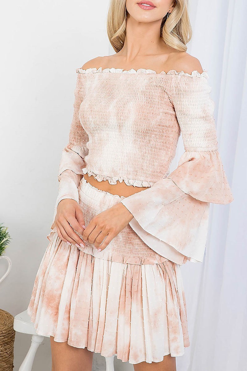 Tie dye off shoulder bell sleeve top and skirt set (EF3415)