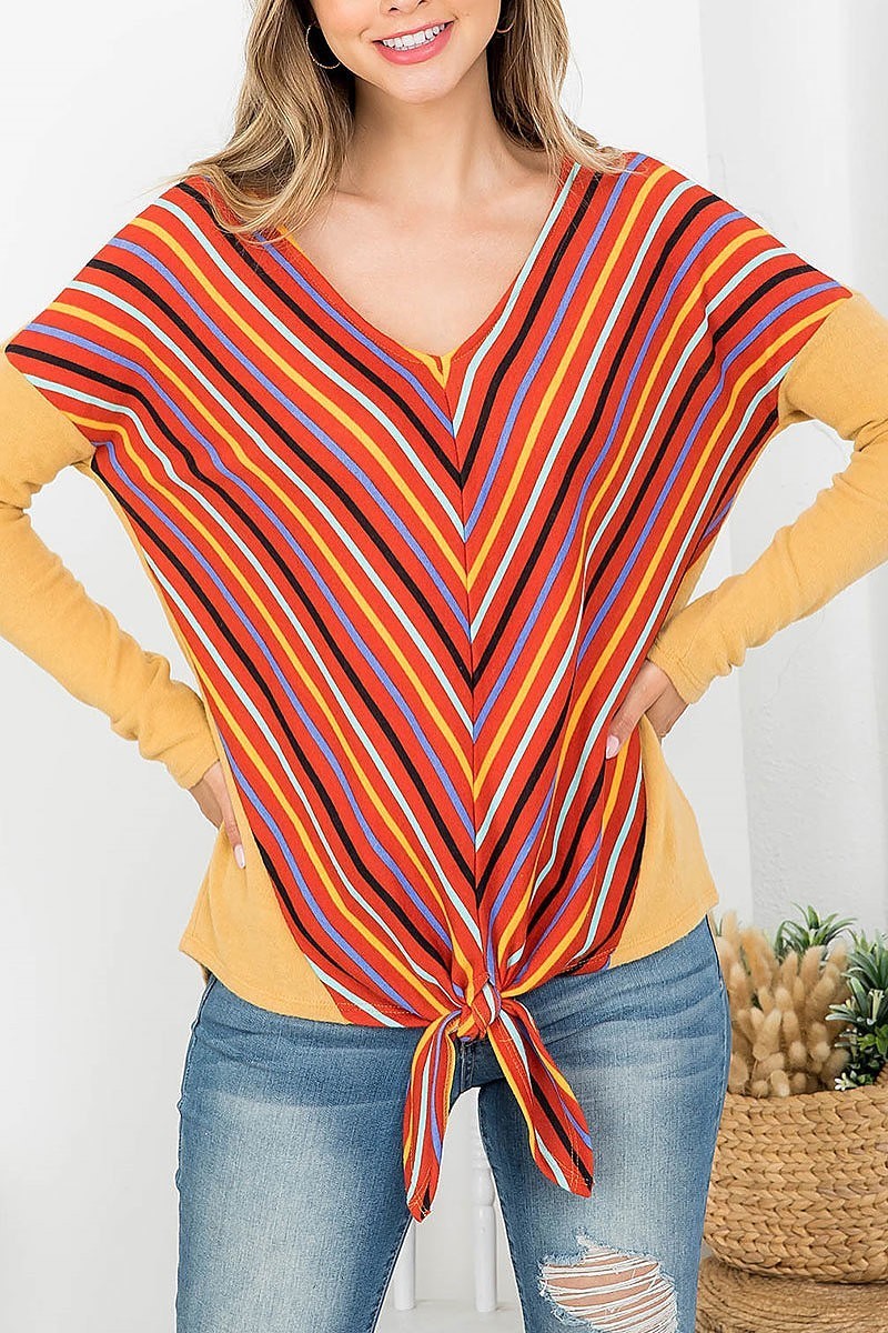 V neck chevron stripe color block waist tie top (EF4334)