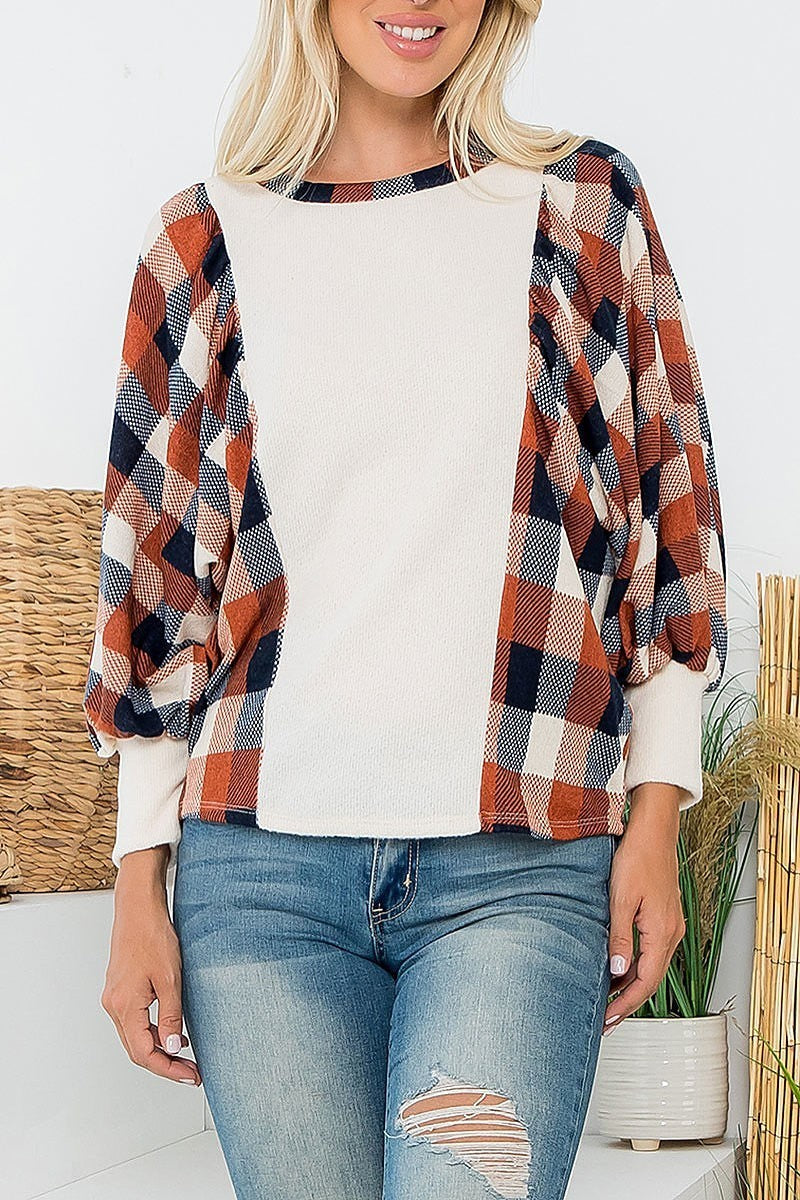 Combo plaid contrast long sleeve top (EF6097)