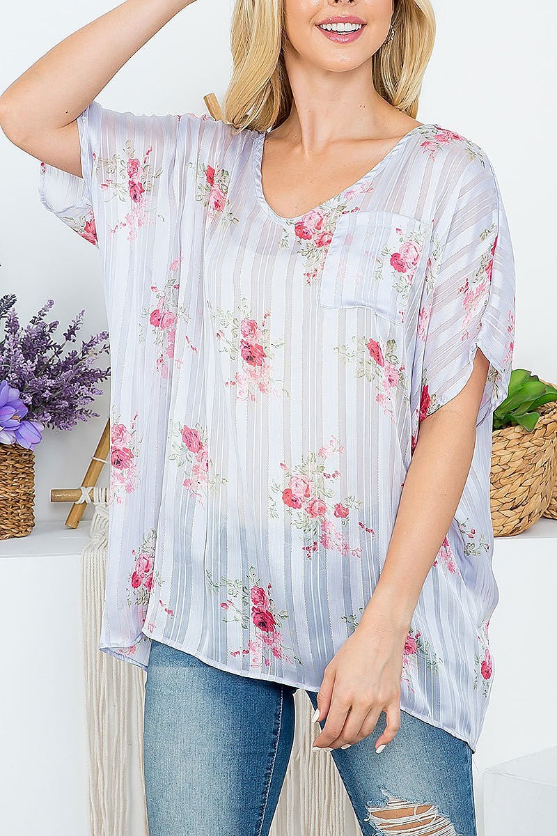 Stripe floral loose fit sheer top (EF4453)