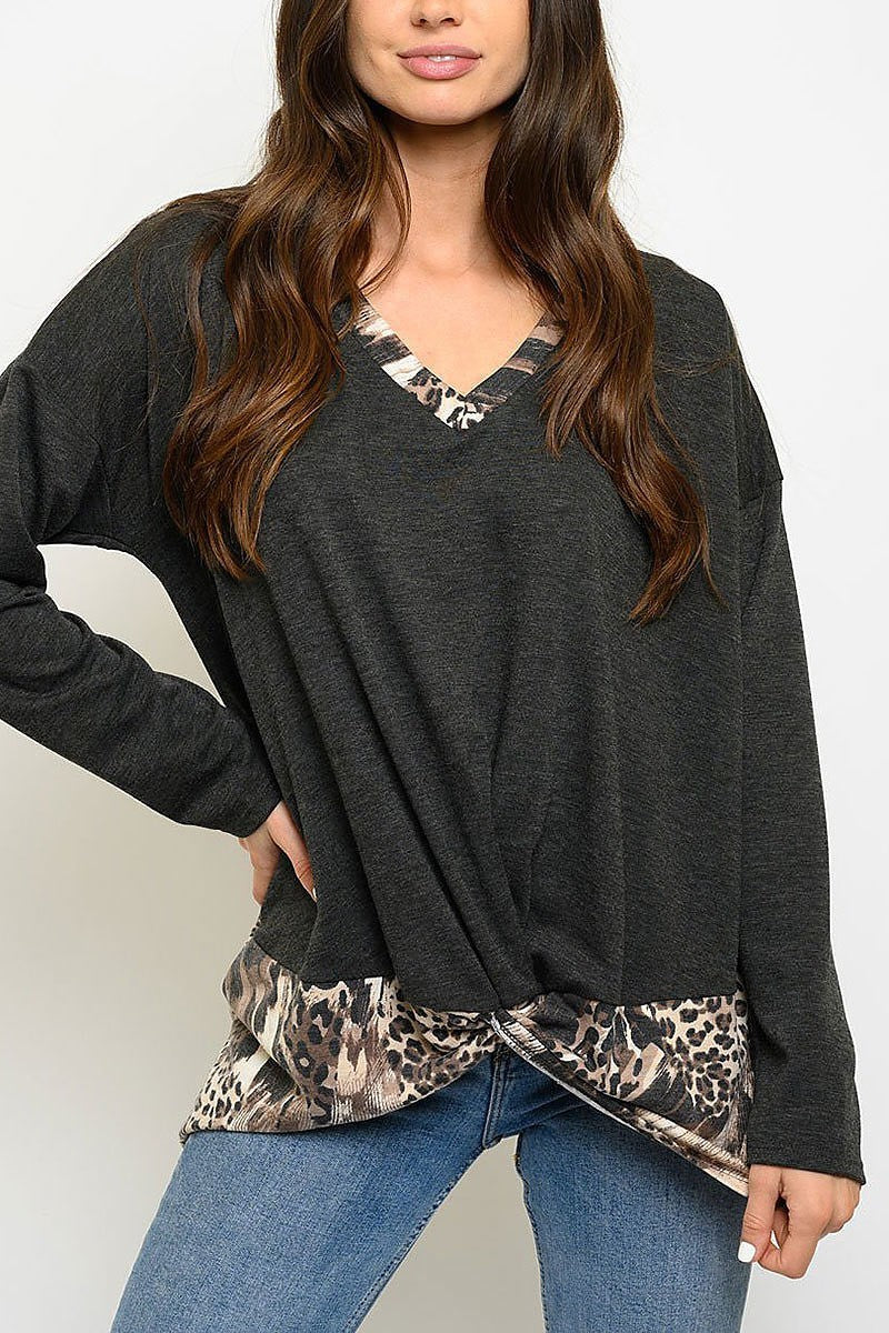 V neck animal print twist hem color block (EDWT3076)