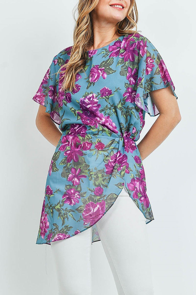 Flutter sleeve floral print pleated detail tunic top (ED9185)