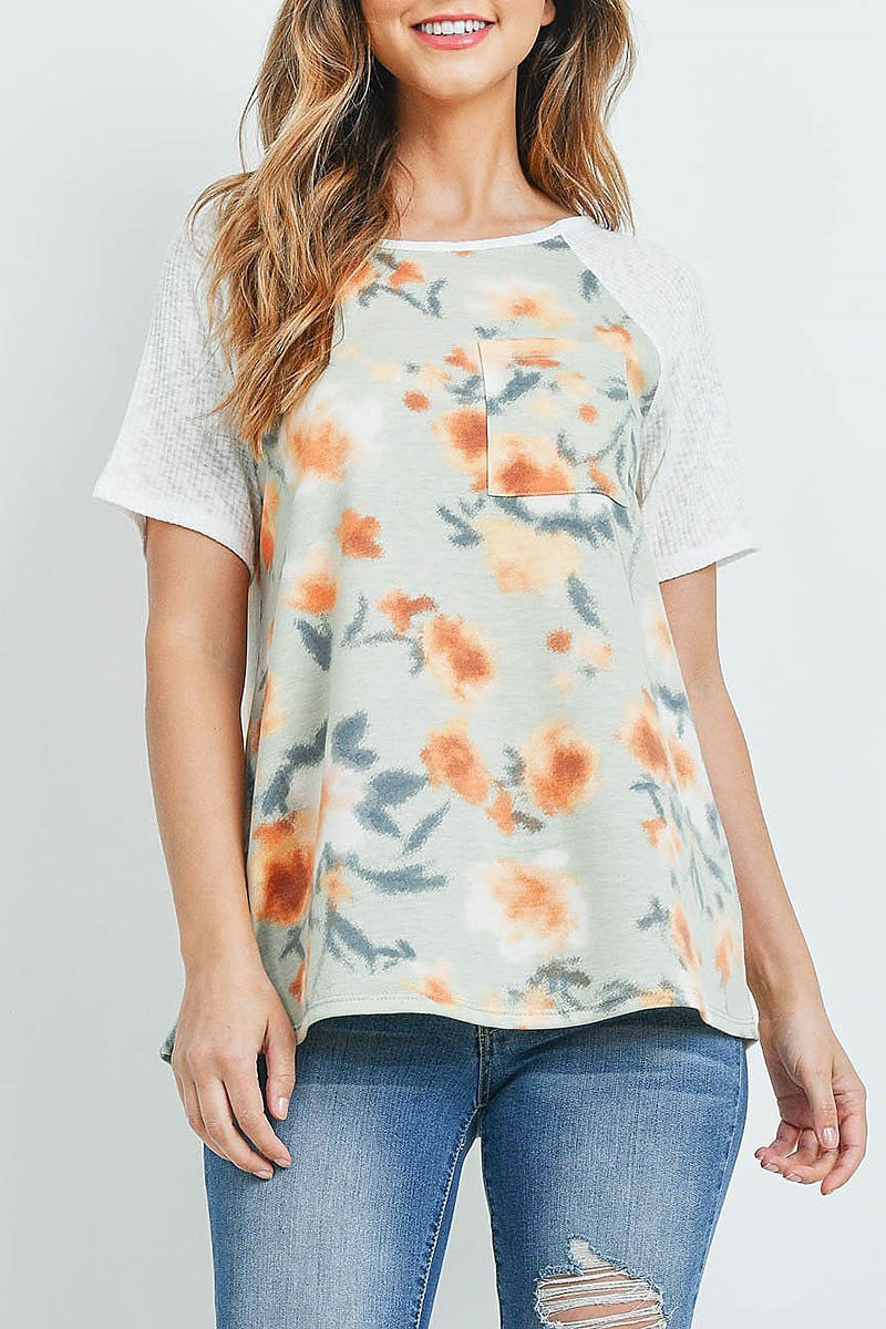 Waffle raglan floral pocket top (ED9153)